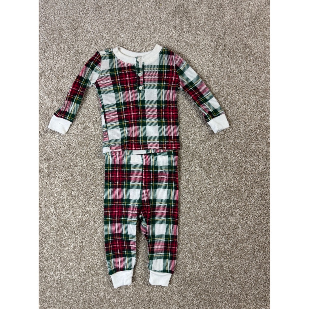 PJ Place Baby Pajama Set 3-6M Red Green Plaid Waffle Knit Henley 2pc Sleepwear